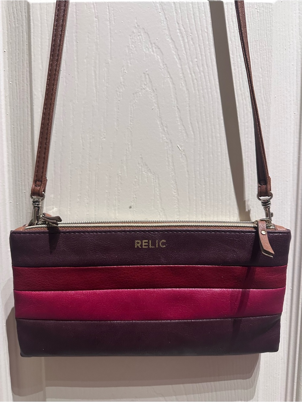 Relic by Fossil Colorblock Stripe Crossbody in Burgundy, Red and Pink